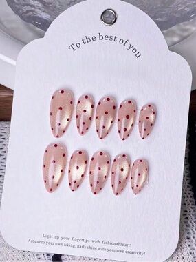 Sheer Champagne Pink Press-On Nails with Red Polka Dots